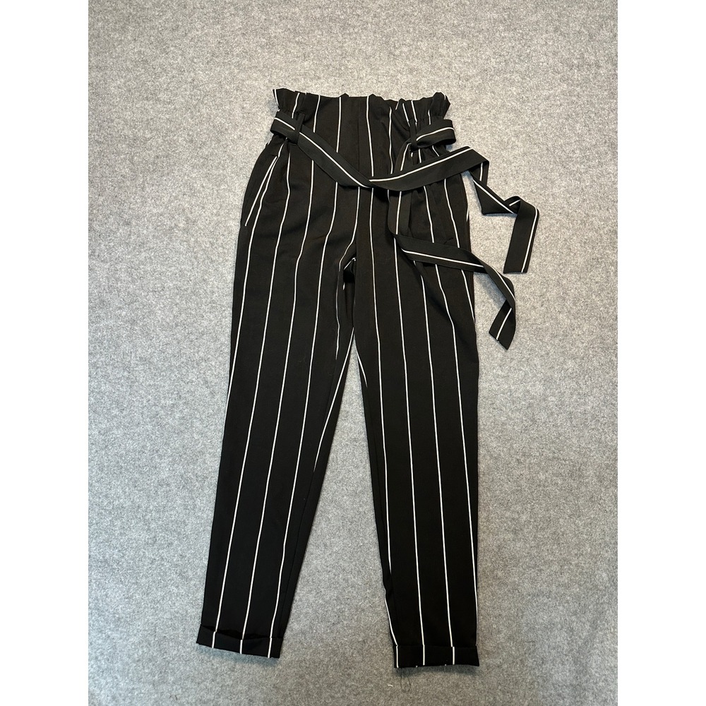 Streetwear Society Paperbag Waist Trousers XS Black White Striped Belted